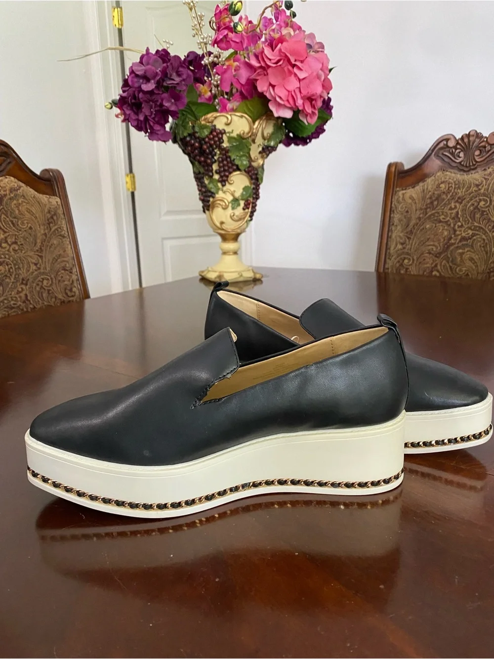 Black Slip-On Platform Sneakers with Chain Trim